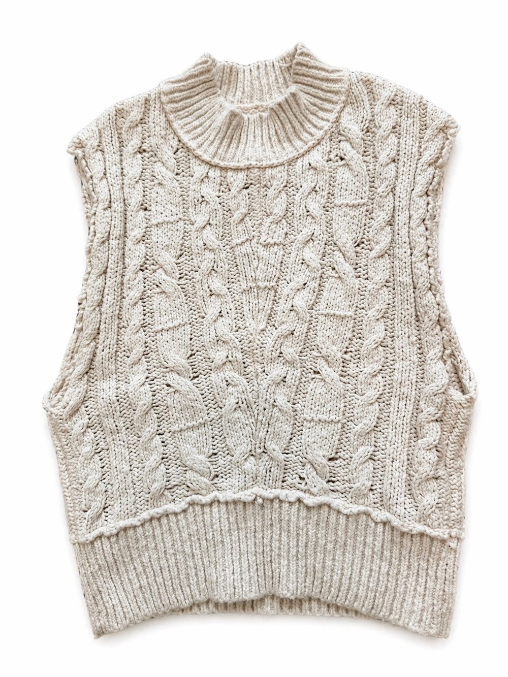Free People Cable Knit Sweater Vest XS Cream Mock Neck Chunky Knit Cottagecore